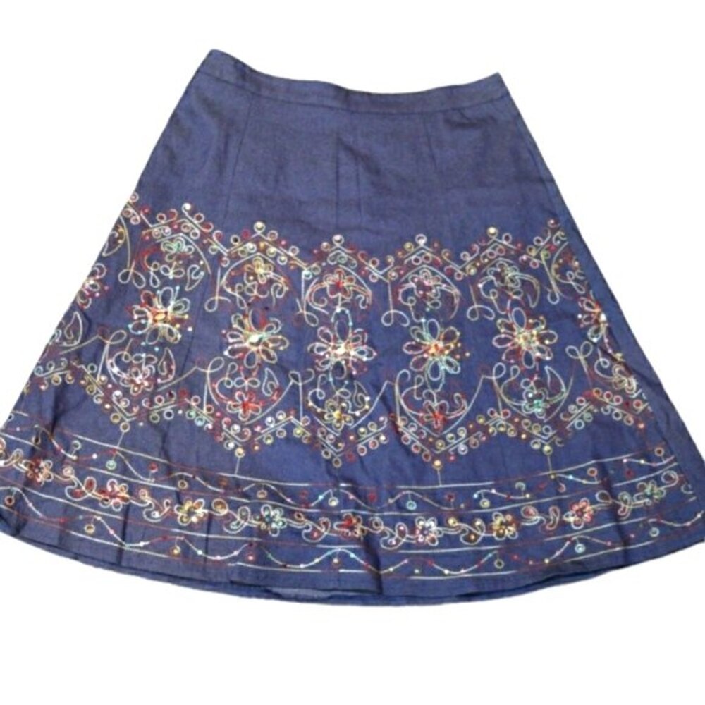 Hazel Denim Beaded Floral  Embroidered Sequin Aline Skirt LG